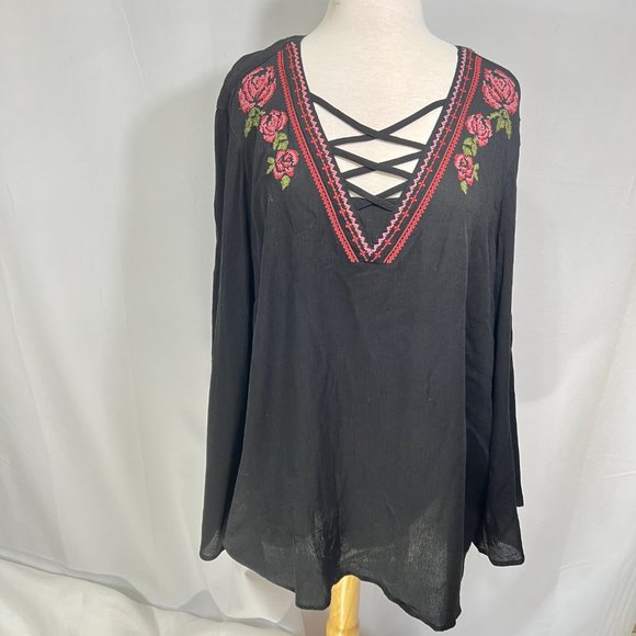 NWT Como Vintage Black Embroidered Peasant Shirt Sz 2X Cross Stitch Roses Bell - Picture 1 of 9